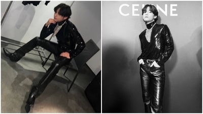 The new pictures showed V's attire for attending Celine men's fashion show. The BTS member wore a black turtleneck sequinned top with full sleeves and a body-skimming silhouette, teamed with black skin-tight leather pants and an oversized red-coloured leather jacket. While the pants feature side pockets and a slightly flared hem, the jacket comes with raised collars, full sleeves and an open front. (Instagram/@thv) The new pictures showed V's attire for attending Celine men's fashion show. The BTS member wore a black turtleneck sequinned top with full sleeves and a body-skimming silhouette, teamed with black skin-tight leather pants and an oversized red-coloured leather jacket. While the pants feature side pockets and a slightly flared hem, the jacket comes with raised collars, full sleeves and an open front. (Instagram/@thv)
