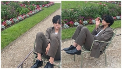 V paired the jacket with a round-neck white T-shirt and dark brown pants. He styled the ensemble with black dress shoes and a messy hairstyle. (Instagram/@thv) V paired the jacket with a round-neck white T-shirt and dark brown pants. He styled the ensemble with black dress shoes and a messy hairstyle. (Instagram/@thv)