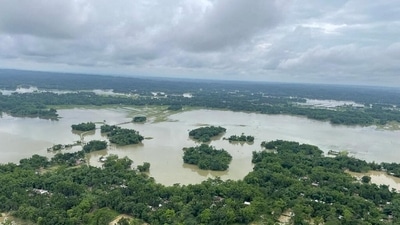 An aerial view shows flooded areas in Silchar in the northeastern state of Assam. (REUTERS)