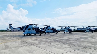 Aatmanirbhar defence: ALH Dhruv Mark III helicopters in Gujarat's Porbandar (Credit: ANI) (ANI) Aatmanirbhar defence: ALH Dhruv Mark III helicopters in Gujarat's Porbandar (Credit: ANI) (ANI)