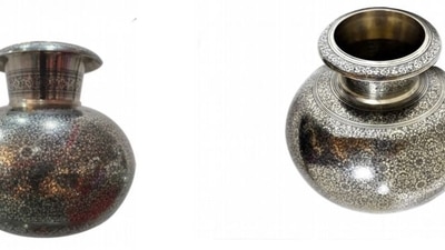 PM Modi gifted a Metal Marodi carving ‘matka’ to German Chancellor Olaf Scholz. The nickel-coated, hand-engraved brass vessel is a masterpiece from District Moradabad, which is also known as the ‘Peetal Nagari’ or ‘brass city’ of Uttar Pradesh, reported news agency ANI. An outline of the design is made with a fine engraving tool hammered with a wooden block -called ‘Marodi’. (ANI) PM Modi gifted a Metal Marodi carving ‘matka’ to German Chancellor Olaf Scholz. The nickel-coated, hand-engraved brass vessel is a masterpiece from District Moradabad, which is also known as the ‘Peetal Nagari’ or ‘brass city’ of Uttar Pradesh, reported news agency ANI. An outline of the design is made with a fine engraving tool hammered with a wooden block -called ‘Marodi’. (ANI)