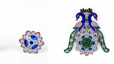 PM Modi gifted a ‘Gulabi Meenakari’ brooch and cufflink set to US President Joe Biden. Gulabi Meenakari is a GI-tagged art form of Varanasi in Uttar Pradesh. The motifs primarily use the colour pink (Gulabi), which lends its name to the craft. These cufflinks were prepared for the US president with a matching brooch for the First Lady Jill Biden, reported ANI. (ANI) PM Modi gifted a ‘Gulabi Meenakari’ brooch and cufflink set to US President Joe Biden. Gulabi Meenakari is a GI-tagged art form of Varanasi in Uttar Pradesh. The motifs primarily use the colour pink (Gulabi), which lends its name to the craft. These cufflinks were prepared for the US president with a matching brooch for the First Lady Jill Biden, reported ANI. (ANI)