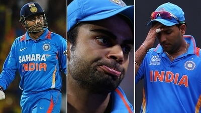 In an ODI vs Pakistan in 2012, Virender Sehwag, Virat Kohli and Yuvraj Singh were dismissed by the same bowler. (Getty Images) In an ODI vs Pakistan in 2012, Virender Sehwag, Virat Kohli and Yuvraj Singh were dismissed by the same bowler. (Getty Images)