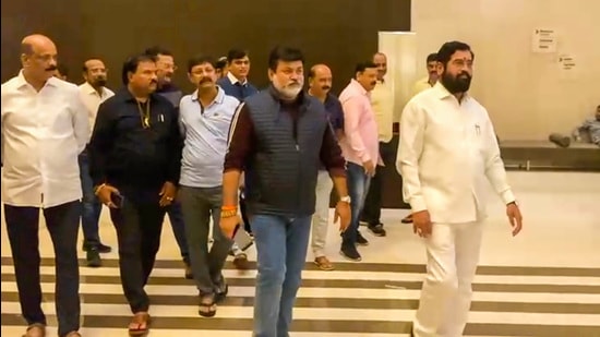 Maharashtra Minister of Higher and Technical Education Uday Samant with rebel Shiv Sena leader Eknath Shinde and other supporting MLAs, at Radisson Blu Hotel in Guwahati, Sunday, June 26, 2022. (PTI)