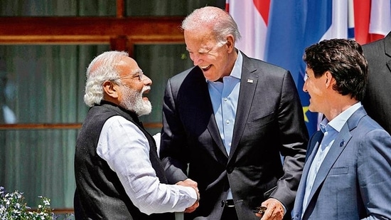 PM Narendra Modi with US President Joe Biden and Canadian PM Justin Trudeau on Monday.&nbsp;(Reuters)