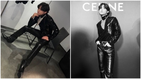 The new pictures showed V's attire for attending Celine men's fashion show. The BTS member wore a black turtleneck sequinned top with full sleeves and a body-skimming silhouette, teamed with black skin-tight leather pants and an oversized red-coloured leather jacket. While the pants feature side pockets and a slightly flared hem, the jacket comes with raised collars, full sleeves and an open front.(Instagram/@thv)