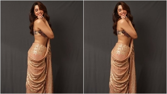 The blouse also featured intricate details in silver mirrorwork at the borders and at the back. “Hope it's not too late now to say saree,” she played with the lyrics of a popular English pop song and added to her caption.(Instagram/@sharvari)