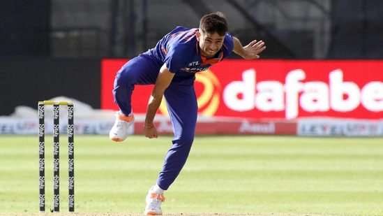 Ravi Bishnoi bowls during the second T20I match between Ireland and India at Malahide cricket club in Dublin(AFP)