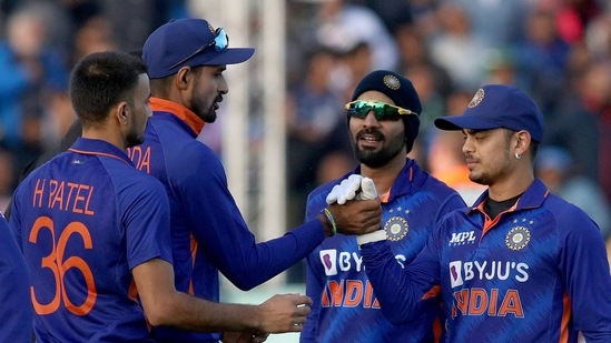 Harshal Patel celebrates with teammates after winning the second T20I against Ireland(AFP)