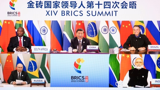 Chinese President Xi Jinping hosts the 14th BRICS Summit via video link from Beijing, Thursday, June 23, 2022. (Li Tao/Xinhua via AP)(AP)