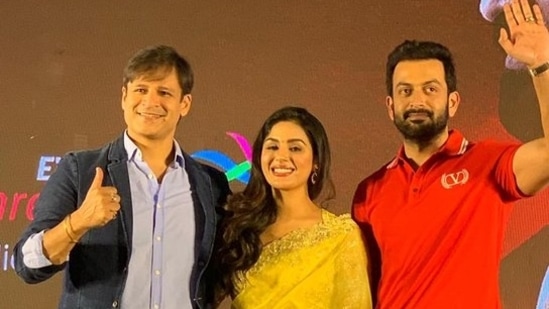 Vivek Oberoi, Samyuktha Menon, and Prithviraj Sukumaran during Kaduva promotions.