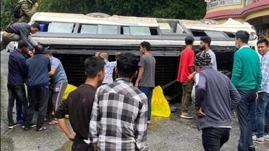Lepcha said one of the buses, carrying 21 students and two teachers, skidded off the road and landed on one side near the administrative building of the Sikkim Central University at Ranipool. (SOURCED.)