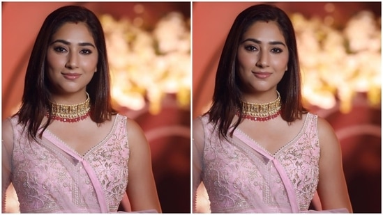 On Monday, Disha dropped several pictures of herself from a wedding function she attended with Rahul Vaidya. She slipped into a blush pink lehenga set from designer Sneha Parekh's clothing label for the occasion. Additionally, celebrity stylist Riya Jain styled Disha's beauteous look.(Instagram)