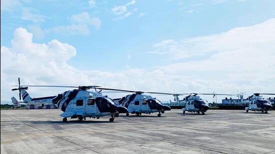 Indian Coast Guard’s advanced light helicopter ‘ALH CG 835’ in Porbandar, Gujarat on Tuesday. (Twitter Photo) Indian Coast Guard’s advanced light helicopter ‘ALH CG 835’ in Porbandar, Gujarat on Tuesday. (Twitter Photo)