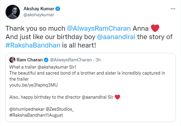 Akshay Kumar and Ram Charan's exchange on Twitter.