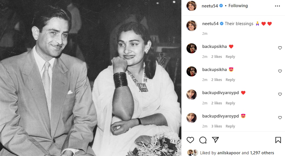 Neetu Kapoor shares Raj Kapoor and Krishna Kapoor's picture.