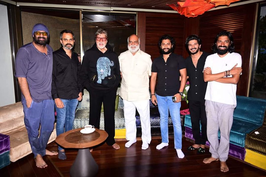 Prabhas, Prashanth Neel, Amitabh Bachchan, Raghavendra Rao, Nani, Dulquer Salmaan and Nag Ashwin at the event.&nbsp;