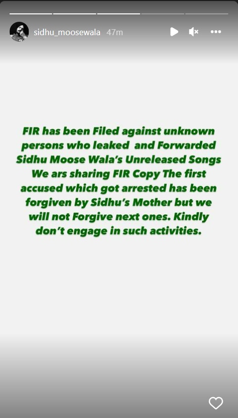 Message shared on Sidhu Moose Waala's Instagram account.