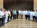 Eknath Shinde with other rebel Shiv Sena MLAs at a hotel in Guwahati (PTI)(PTI) Eknath Shinde with other rebel Shiv Sena MLAs at a hotel in Guwahati (PTI)(PTI)