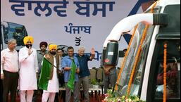 Punjab CM Bhagwant Mann and Delhi CM Arvind Kejriwal had launched the Volvo bus service to the IGI Airport from Jalandhar on June 15. (ANI File Photo)