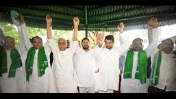 RJD leader Tejashwi Prasad Yadav with four AIMIM MLAs in Patna on Wednesday. (Santosh Kumar/HT Photo) RJD leader Tejashwi Prasad Yadav with four AIMIM MLAs in Patna on Wednesday. (Santosh Kumar/HT Photo)