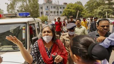 Teesta Setalvad being produced before a court in Ahmedabad on Sunday. (PTI)