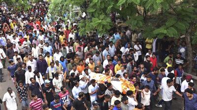 People participate in the funeral procession of tailor Kanhaiya Lal in Udaipur, India, Wednesday, June 29, 2022. (AP Photo). (AP)