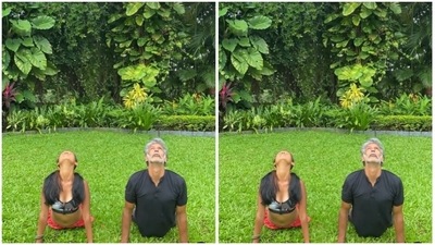 Here’s how they practise their interpretations of Surya Namaskar. “Best, low intensity, simple movement to improve and maintain basic strength, joint mobility, balance and focus,” wrore Milind about the benefits of the asanas. (Instagram/@milindrunning)