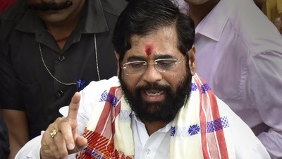 Eknath Shinde on Wednesday offered prayers at the Kamakhya temple in Guwahati. (PTI) Eknath Shinde on Wednesday offered prayers at the Kamakhya temple in Guwahati. (PTI)