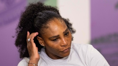 Serena Williams reacts as she speaks during a press conference after being defeated by France's Harmony Tan. (AFP) Serena Williams reacts as she speaks during a press conference after being defeated by France's Harmony Tan. (AFP)