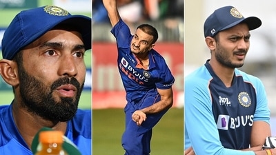 Dinesh Karthik, Harshal Patel and Axar Patel were out for first-ball ducks. (Getty Images) Dinesh Karthik, Harshal Patel and Axar Patel were out for first-ball ducks. (Getty Images)