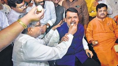 BJP leader Devendra Fadnavis along with other party leaders celebrates after CM Uddhav Thackeray resigns from his post, in Mumbai, India, on Wednesday, June 29, 2022. (Photo by Bhushan Koyande/HT Photo) BJP leader Devendra Fadnavis along with other party leaders celebrates after CM Uddhav Thackeray resigns from his post, in Mumbai, India, on Wednesday, June 29, 2022. (Photo by Bhushan Koyande/HT Photo)