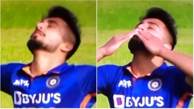 Umran Malik after taking the wicket. (Twitter) Umran Malik after taking the wicket. (Twitter)