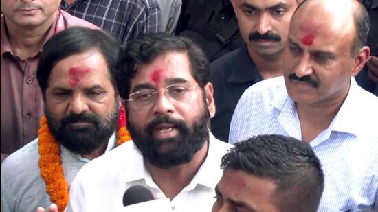 Rebel Shiv Sena leader Eknath Shinde after leaving Kamakhya Temple in Guwahati. (ANI)