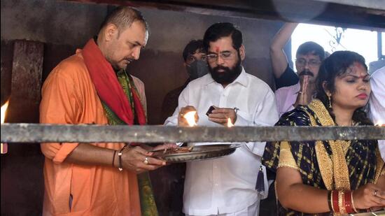 Rebel Shiv Sena leader Eknath Shinde at the Kamakhya Temple in Guwahati. (PTI)