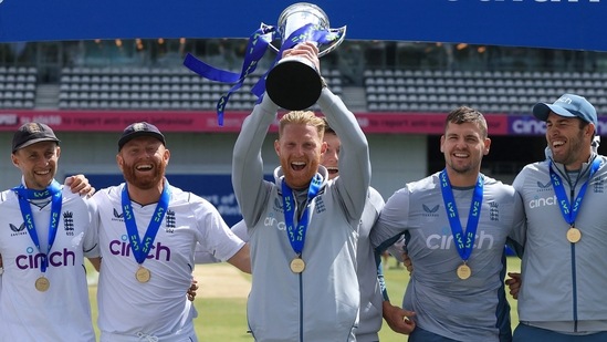 Ben Stokes celebrates with trophy after England completed a whitewash against New Zealand in the three-match Test series(Reuters)