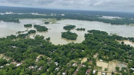 An aerial view shows flooded areas in Silchar in the northeastern state of Assam.(REUTERS)