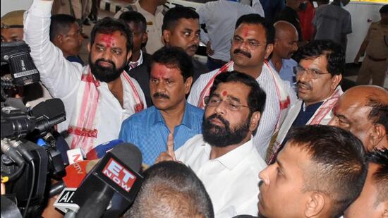 Rebel Shiv Sena leader Eknath Shinde at Guwahati’s airport where he and other MLAs boarded a chartered flight that landed earlier in the day (ANI)