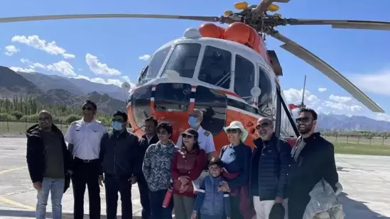The helicopter services in Ladakh are now open for tourists to travel across the Union Territory, with the first batch of tourists having already availed the heli-service, officials said.(Instagram/@@DIPR_Leh) The helicopter services in Ladakh are now open for tourists to travel across the Union Territory, with the first batch of tourists having already availed the heli-service, officials said.(Instagram/@@DIPR_Leh)
