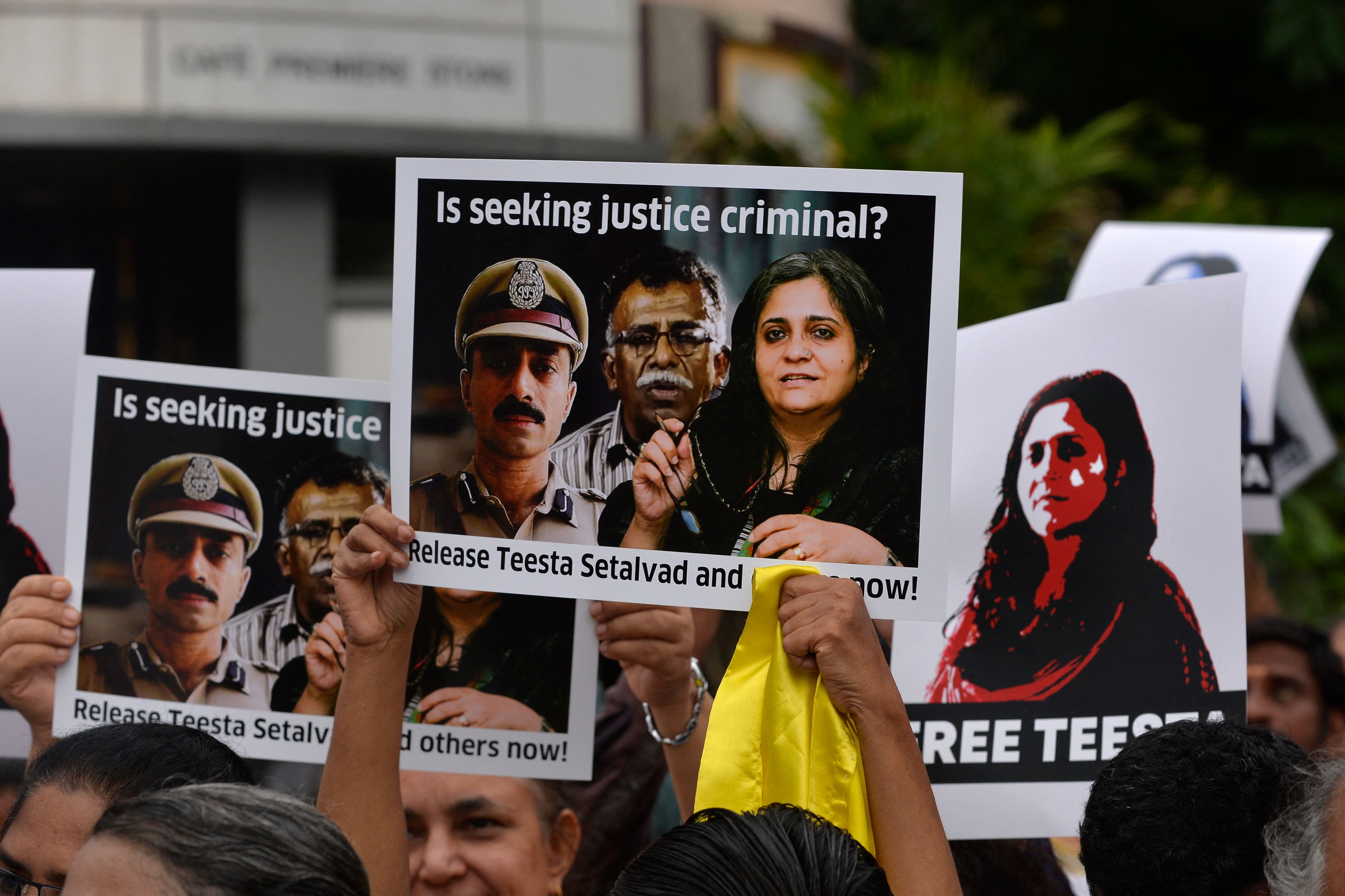 Protests were held in several Indian cities on June 27 over the arrest of rights activist Teesta Setalvad over her attempts to have Prime Minister Narendra Modi declared complicit in deadly sectarian riots 20 years ago. (Photo by Indranil MUKHERJEE/AFP)