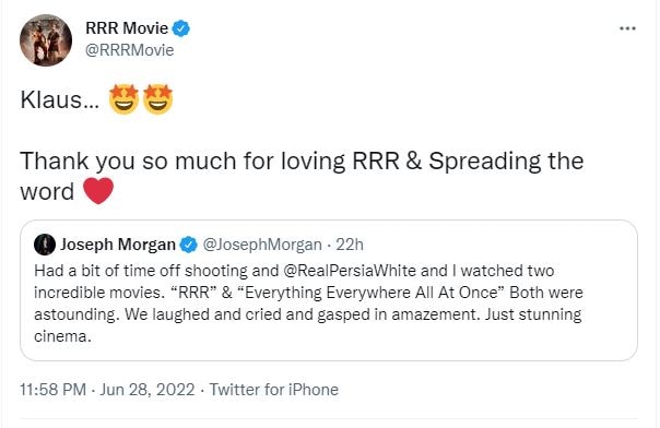 The Vampire Diaries actor Joseph Morgan spoke about RRR.