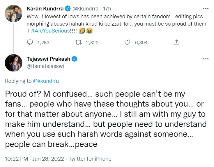 Karan Kundrra and Tejasswi Prakash's Twitter exchange.