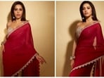 The wedding season is here again and here's the gorgeous Nushrratt Bharuccha giving us major ethnic fashion inspiration in this red gorgeatte saree which she teamed with a strappy rose gold embellished blouse.(Instagram/@nushrrattbharuccha)