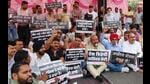 Protesters holding a demonstration against the Agnipath recruitment scheme in Amritsar on Thursday. (Sameer Sehgal/HT) Protesters holding a demonstration against the Agnipath recruitment scheme in Amritsar on Thursday. (Sameer Sehgal/HT)