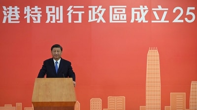 China's President Xi Jinping delivers a speech after arriving for the upcoming handover anniversary by train in Hong Kong, Thursday, June 30, 2022. (AP/PTI) (AP) China's President Xi Jinping delivers a speech after arriving for the upcoming handover anniversary by train in Hong Kong, Thursday, June 30, 2022. (AP/PTI) (AP)