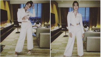 Pooja Hegde can pull off any look effortlessly and this picture in a white co-ord set is proof. (Instagram/@hegdepooja)