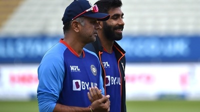 India vs England 5th Test Live Streaming: India's Jasprit Bumrah, right, and coach Rahul Dravid (AP) India vs England 5th Test Live Streaming: India's Jasprit Bumrah, right, and coach Rahul Dravid (AP)