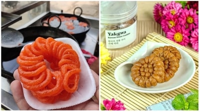 Yakgwa and Imarti: Both yakgwa and imarti are desserts. While the former is made of wheat flour, the latter is prepared using vigna mungo/black gram. (Instagram/@bhavanatea/@travel_for_flavour) Yakgwa and Imarti: Both yakgwa and imarti are desserts. While the former is made of wheat flour, the latter is prepared using vigna mungo/black gram. (Instagram/@bhavanatea/@travel_for_flavour)