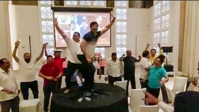 Two MLAs belonging to the Shinde faction - currently in a hotel in Goa’s Panaji climbed to the top of the table out of the joy after hearing the naming of Eknath Shinde as the CM. 