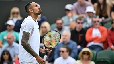 Nick Kyrgios reacts while playing against Serbia's Filip Krajinovic at Wimbledon (AFP) Nick Kyrgios reacts while playing against Serbia's Filip Krajinovic at Wimbledon (AFP)
